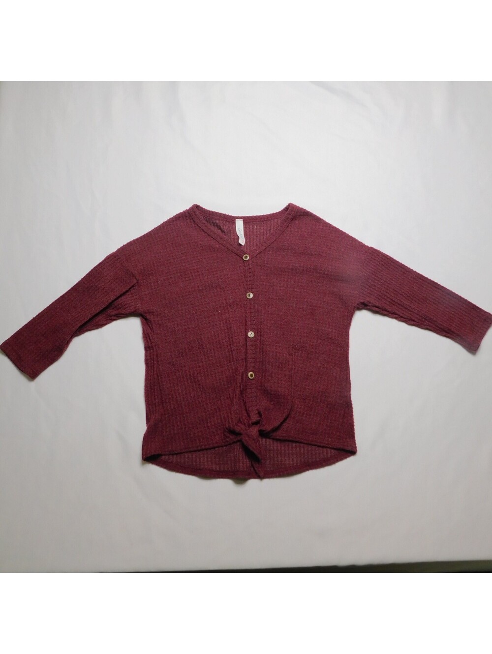 Good Girl Girls Waffle Knit Shirt Size S 7/8 Maroon Burgundy 3/4 Sleeve Tie Knot